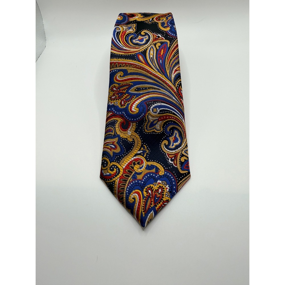 Handmade 100% Silk Paisley Necktie Navy Blue Gold Red Jacquard Classic Width